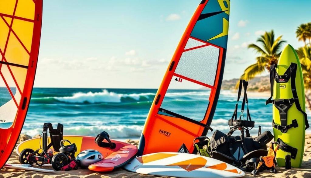 A vibrant and dynamic windsurf product showcase set against a scenic coastal backdrop. In the foreground, an assortment of cutting-edge windsurfing gear and accessories - sleek boards, high-tech sails, innovative harnesses, and precision-engineered components. The middle ground features a wind-swept ocean vista, with crashing waves and a sense of exhilaration. The background depicts a picturesque beach setting, with palm trees swaying gently in the breeze. The lighting is warm and golden, capturing the energy and spirit of the windsurfing lifestyle. The overall composition conveys a sense of technological innovation, adventure, and the pure joy of riding the wind and waves.