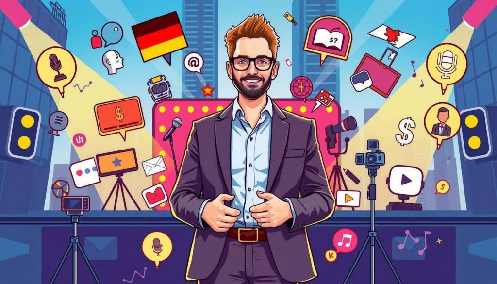 A vibrant digital illustration showcasing the diverse income streams of the renowned German comedian Felix Lobrecht. In the foreground, Lobrecht stands confidently, surrounded by various icons representing his key revenue sources - stand-up comedy performances, television appearances, podcast production, and social media influencing. The middle ground features a dynamic array of visual cues, such as microphones, cameras, and stage lights, highlighting the multifaceted nature of his entertainment career. The background sets the scene with a sleek, urban backdrop, suggesting the cosmopolitan nature of Lobrecht's success. The overall composition is characterized by a bold, colorful palette and a sense of energy and momentum, capturing the essence of Lobrecht's thriving multimedia empire.