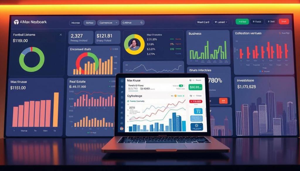 A vibrant financial dashboard showcasing Max Kruse's diverse income streams. In the foreground, crisp visualizations and charts highlight his lucrative football contract, endorsement deals, and investments. The middle ground features a sleek laptop displaying his business ventures, from e-commerce to real estate. In the background, a stylized city skyline suggests the broader economic landscape that shapes his wealth. Warm lighting and a minimalist aesthetic create a sense of sophistication and success. The overall composition conveys Kruse's savvy financial acumen and the multiple revenue sources that contribute to his substantial net worth.