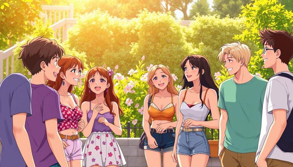 A vibrant outdoor scene with the beloved Summertime Saga characters interacting on a sunny summer day. In the foreground, the group of friends - a charming mix of young adults - engaged in lively conversation, their expressions animated and their poses relaxed. In the middle ground, a lush garden backdrop with blooming flowers and verdant foliage, creating a serene and inviting atmosphere. Warm, golden sunlight filters through, casting a soft glow over the scene and accentuating the characters' features. The overall mood is one of youthful camaraderie, summer bliss, and the endearing relationships that define the Summertime Saga universe.