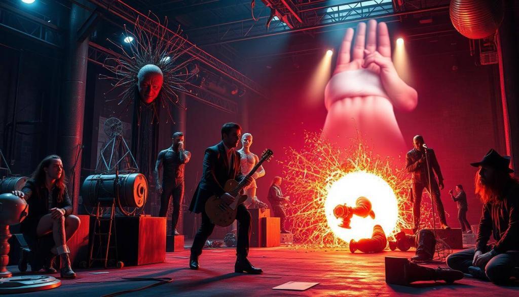A vibrant, photorealistic depiction of artistic projects by Till Lindemann, the lead singer of the German industrial metal band Rammstein. The foreground showcases Lindemann's diverse creative endeavors, such as his avant-garde sculptures, experimental installations, and dramatic performances. The middle ground features a dynamic, moody lighting setup that casts dramatic shadows, highlighting the edgy, intense nature of Lindemann's artistic vision. The background suggests an industrial, gritty urban setting, reflecting the raw, powerful aesthetic that permeates Lindemann's work. The overall composition conveys a sense of Lindemann's multifaceted artistic talents and his ability to push the boundaries of traditional artistic mediums.