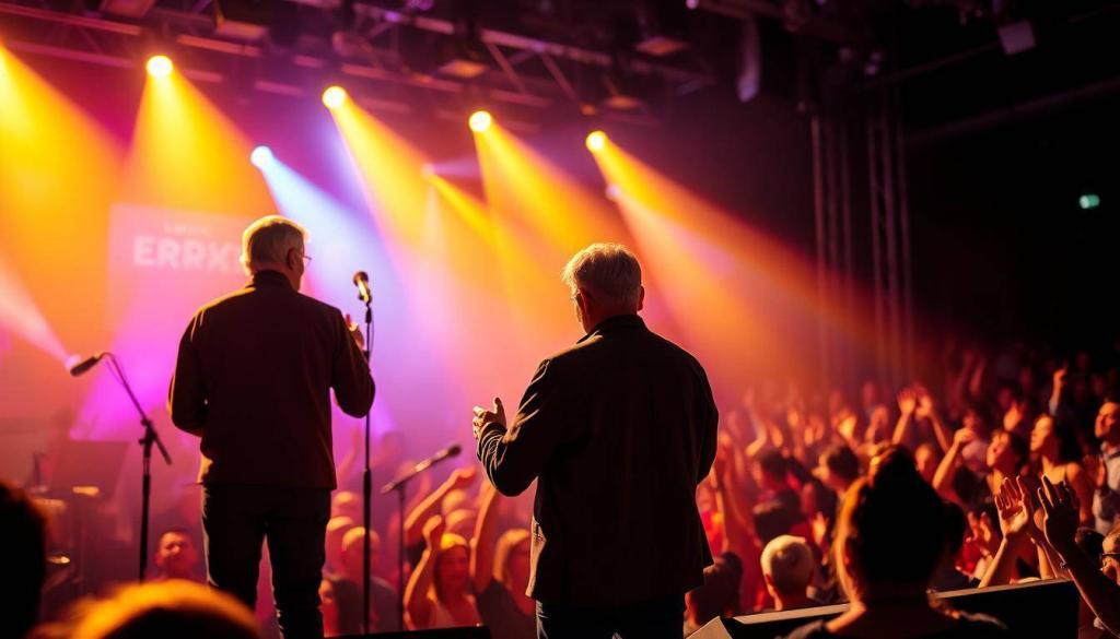 A vibrant stage with spotlights casting a warm glow, highlighting the final performance of the iconic Wildecker Herzbuben duo. In the foreground, the two musicians stand side by side, their expressions bittersweet as they bid farewell to their loyal fans. The middle ground captures the crowd, hands raised in applause, their faces filled with a mix of nostalgia and appreciation. The background is a blur of movement, capturing the energy and excitement of the moment. The scene is framed with a cinematic quality, evoking a sense of melancholy and the end of an era.