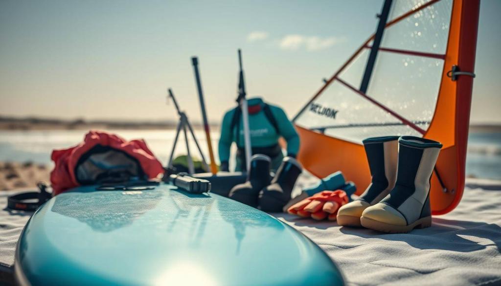 A vibrant still life showcasing the essential windsurfing gear, bathed in soft, natural lighting. In the foreground, a sleek, colorful windsurf board, its surface gleaming, surrounded by a wetsuit, gloves, and booties in complementary shades. In the middle ground, a mast, boom, and sail, each element carefully arranged to highlight their unique textures and contours. In the background, a hint of a windswept beach or lakeside setting, creating a sense of movement and the promise of outdoor adventure. The overall composition conveys a sense of preparedness, functionality, and the joy of the windsurfing lifestyle.