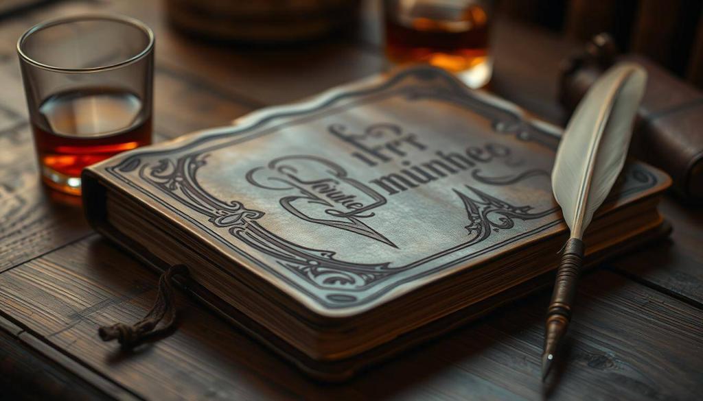 A vintage leather-bound journal with a worn, antique appearance, resting on a wooden table. The journal's cover is embossed with ornate calligraphy, hinting at the intimate, private nature of its contents. Soft, warm lighting casts a gentle glow, creating an introspective and thoughtful atmosphere. The journal is accompanied by a quill pen and a glass of amber liquid, suggesting a moment of contemplation and introspection. The scene evokes a sense of mystery and history, reflecting the personal narratives and untold stories contained within the Tagebücher.