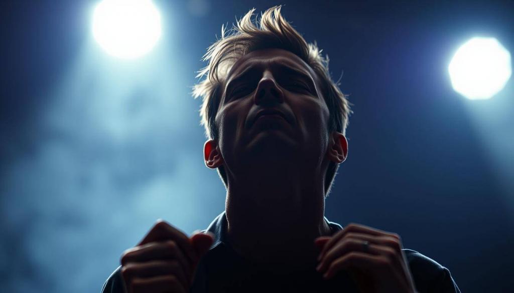 A visibly exhausted pop star performing on stage, his weary expression and strained movements conveying the physical toll of illness. Dramatic low-angle shot captures the performer's silhouette against a dimly lit, smoky backdrop, spotlights casting dramatic shadows. Muted color palette evokes a sense of fatigue, while the performer's determined gaze suggests an unwavering commitment to the show. Shallow depth of field draws the viewer's focus to the central figure, the stage's edge blurred to emphasize the artist's isolation and struggle. An intimate, cinematic portrayal of a globally renowned musician pushing through debilitating illness to fulfill his obligation to fans.