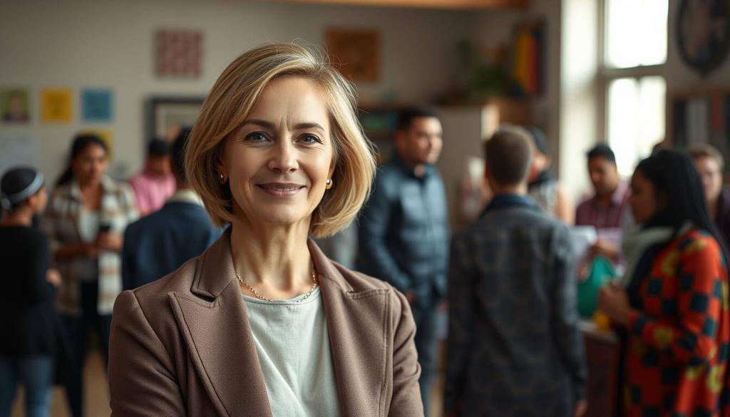 A warm and compassionate portrait of Katja Burkard engaged in her philanthropic work. Katja is in the foreground, dressed in a stylish yet understated outfit, her expression calm and focused as she interacts with a group of people in the middle ground. The background depicts a vibrant community center or charitable organization, with people of diverse backgrounds participating in various activities. The lighting is soft and diffused, creating a sense of intimacy and approachability. The overall scene conveys Katja's genuine commitment to social causes and her ability to connect with and empower those around her.