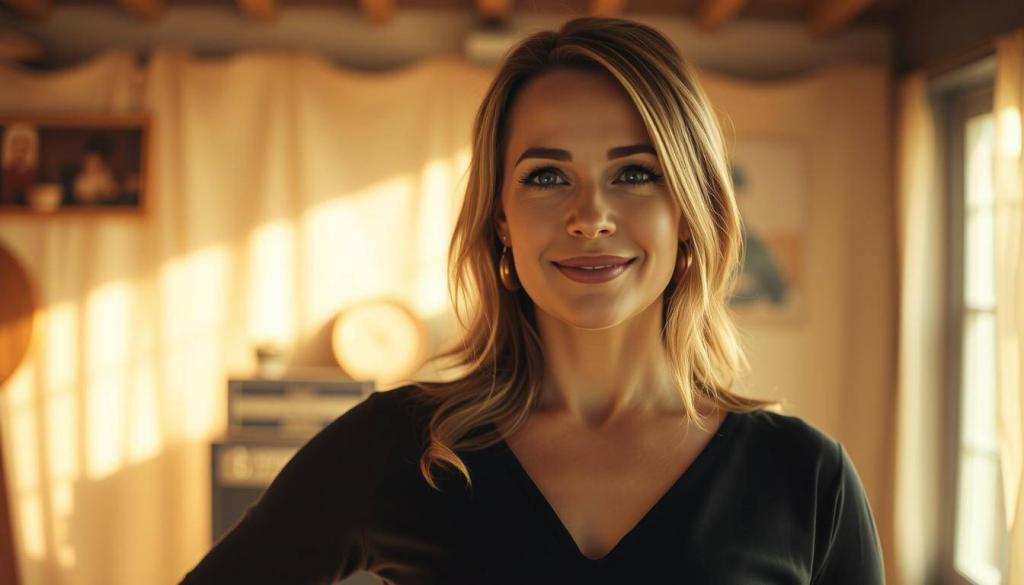 A warm, cinematic portrait of Michelle, a beloved German Schlager singer, against a soft, nostalgic backdrop. She stands confidently, her expression serene yet resilient, embodying her journey from a challenging upbringing to her current success. The scene is bathed in a golden, natural light, casting a gentle glow on her face and figure, symbolizing her personal growth and transformation. The background features a vintage-inspired setting, with hints of her musical career, hinting at the hardships she has overcome. The overall composition conveys a sense of resilience, determination, and the power of the human spirit to triumph over adversity.
