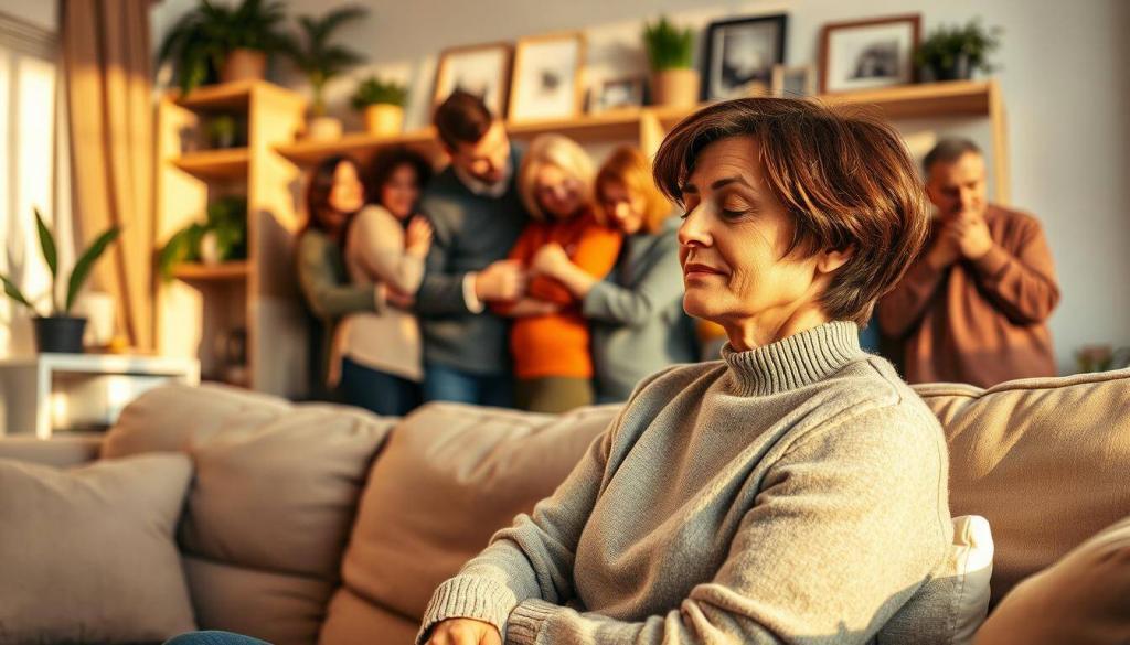 A warm, cozy living room scene. In the foreground, a woman with short brown hair, wearing a soft gray sweater, sits on a plush, cream-colored couch, her eyes closed and a serene expression on her face. Beside her, a man with a kind, compassionate gaze places a reassuring hand on her shoulder, offering silent support. In the middle ground, a group of close friends and family members gather around, some embracing the woman, others offering words of encouragement. The room is bathed in soft, golden light, creating a sense of comfort and intimacy. Houseplants and framed family photos adorn the shelves, conveying a nurturing, familial atmosphere. The overall mood is one of empathy, solidarity, and emotional fortitude in the face of adversity.