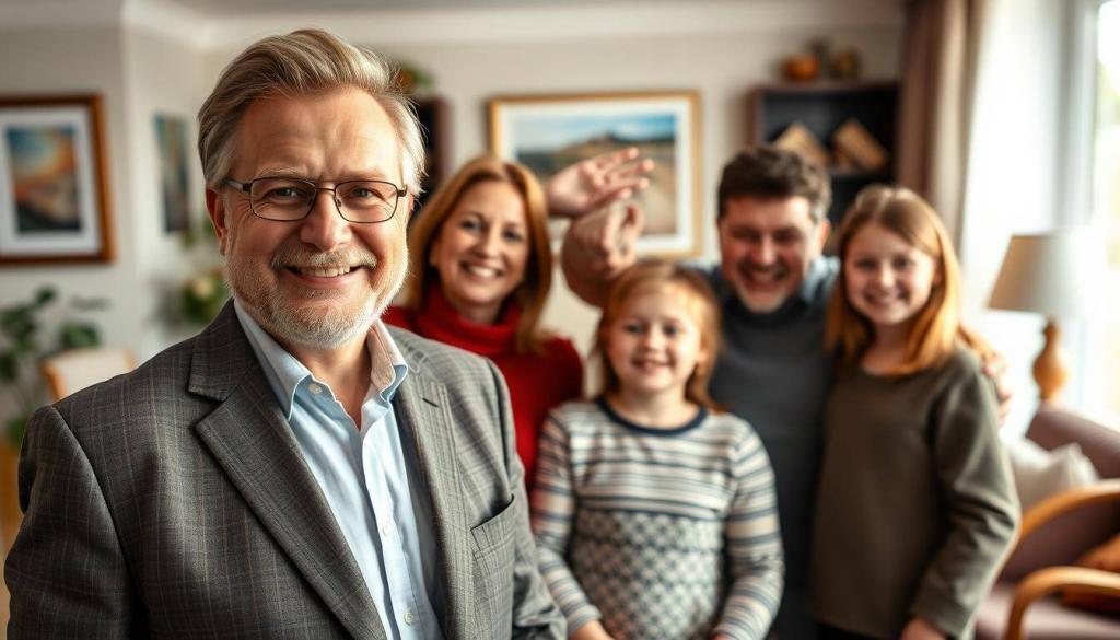 A warm, family portrait of Günther Jauch, a renowned German television presenter, surrounded by his loved ones. In the foreground, Günther stands proudly, a warm smile on his face, dressed in a smart, tailored suit. Next to him, his wife Thea and their three children, all captured in a candid, natural moment, radiating happiness and a sense of close-knit family. The middle ground features a cozy, well-appointed living room, with tasteful decor and comfortable furniture, hinting at the Jauch family's refined lifestyle. The background is softly blurred, creating a sense of intimacy and focus on the family unit. Soft, natural lighting filters in, casting a gentle, golden glow over the scene and accentuating the warmth and affection shared among the Jauchs.
