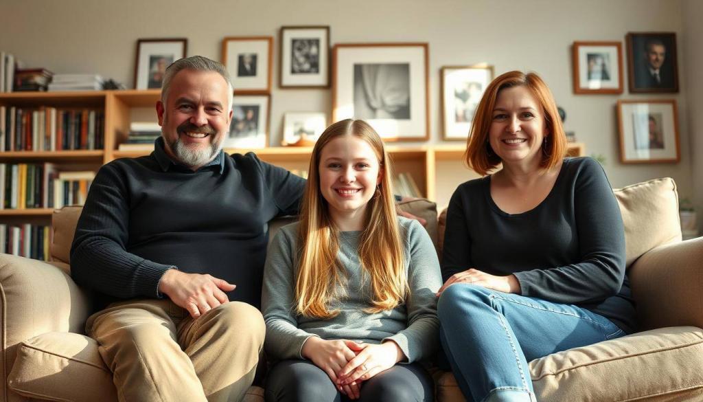 A warm family portrait set in a cozy, sun-lit living room. In the foreground, Greta Thunberg sits comfortably on a plush sofa, surrounded by her parents Svante and Malena, all smiling contentedly. Behind them, bookshelves and framed photographs line the walls, hinting at a nurturing, intellectually-stimulating home environment. Soft, diffused lighting casts a gentle glow, evoking a sense of domestic tranquility. The composition is balanced, with the family members positioned centrally, emphasizing their close-knit dynamic. An atmosphere of quiet pride and support emanates from the scene, reflecting Greta's familial foundation as she pursues her climate activism.