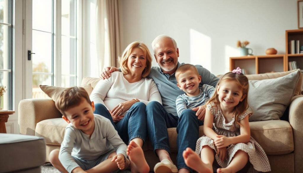 A warm, intimate family portrait of Claudia Obert with her husband and two young children, captured in a sun-dappled living room. Claudia sits comfortably on a plush sofa, her arm around her husband as they smile affectionately at the camera. Their children, a boy and a girl, play happily at their feet, their expressions filled with joy and innocence. The scene exudes a sense of domestic bliss, with soft, diffused lighting and muted, earthy tones that create a cozy, inviting atmosphere. The overall composition suggests a candid, behind-the-scenes glimpse into the private life of this public figure, highlighting the importance of family and relationships in her world.