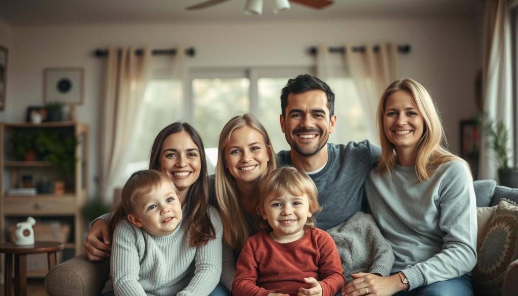 A warm, intimate family portrait of Nena, her husband, and their children, captured in a natural, candid setting. The foreground features the smiling family members, dressed casually and relaxed, positioned in a cozy living room or outdoor setting. The middle ground showcases the family's home, with inviting decor and personal touches that reflect their personality. The background subtly blurs, emphasizing the focus on the family's connection and togetherness. Soft, diffused lighting creates a soothing, almost dreamlike atmosphere, evoking a sense of comfort and love. The composition is balanced and harmonious, drawing the viewer's attention to the genuine expressions and interactions of Nena's family.