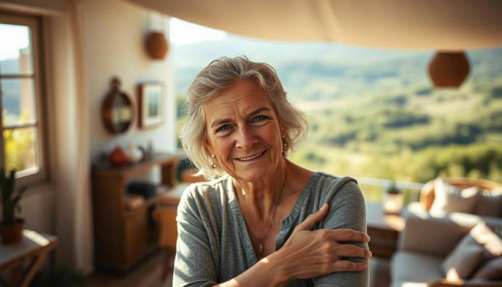 A warm, intimate portrait of Kerstin Elisabeth Kaiser, the woman who adopted Daniel Küblböck and provided him a fresh start on the idyllic island of Mallorca. In the foreground, Kerstin's kind, nurturing gaze radiates compassion as she embraces Daniel, her expression conveying the profound bond they shared. The middle ground depicts their cozy, sun-dappled Mallorcan home, a peaceful sanctuary away from the public eye. In the background, the lush, verdant landscapes of the island evoke a sense of tranquility and new beginnings. Soft, diffused lighting bathes the scene, creating a serene, almost ethereal atmosphere that reflects the quiet, restorative chapter of Daniel's life.