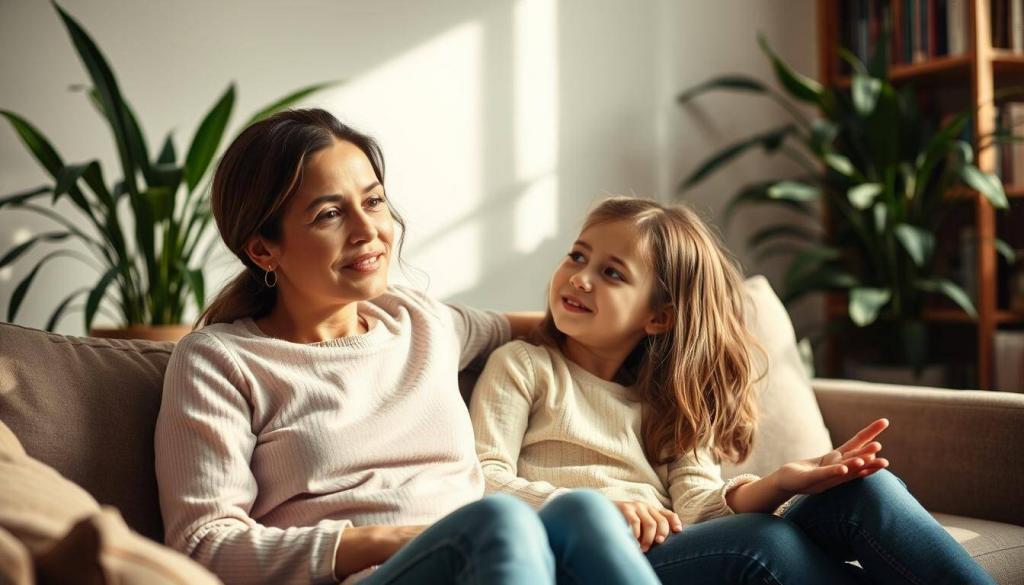 A warm, intimate scene of Jessica Alba and her daughter engaged in a therapeutic counseling session. The foreground shows the two seated on a comfortable couch, their expressions open and engaged, with Jessica's arm draped supportively around her daughter's shoulder. The lighting is soft and natural, creating a calming, introspective atmosphere. In the background, plants and shelves of books suggest a peaceful, nurturing home environment. The composition emphasizes the close bond and emotional connection between mother and child, conveying a sense of Jessica's attentive, therapeutic parenting approach.