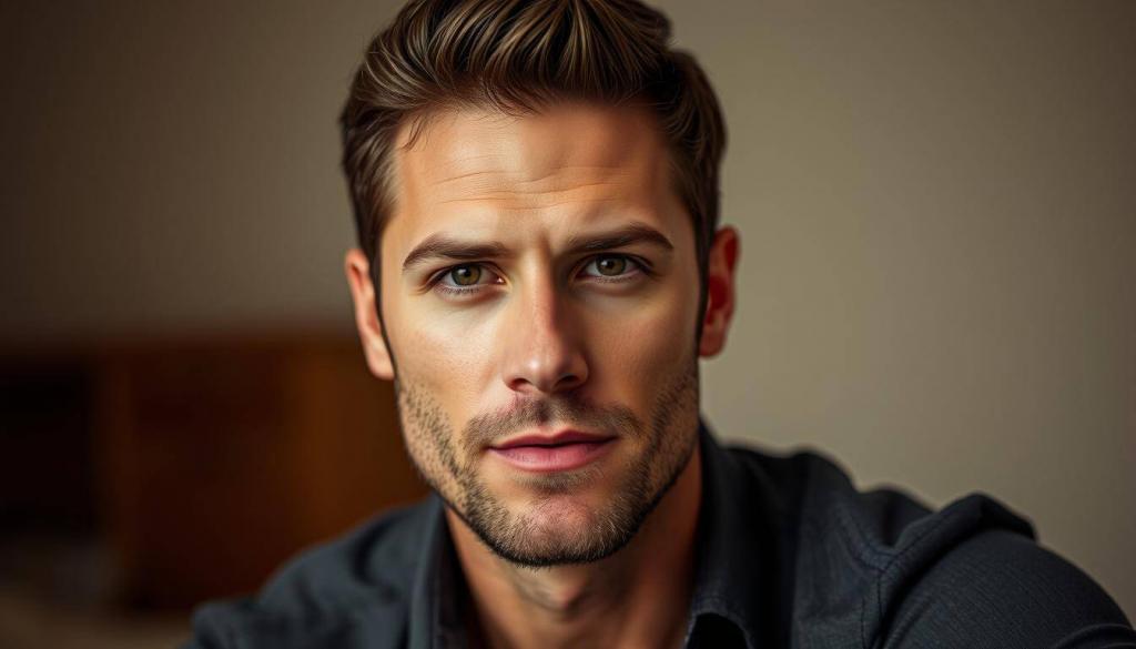 A warm, natural portrait of Felix Stein, the handsome and charismatic Bachelor, captured in a candid moment. Set against a soft, blurred background, the focus is on his rugged, yet sensitive features - his piercing gaze, angular jawline, and neatly styled hair. Hints of his multifaceted identity as a father, photographer, and relationship-focused individual are subtly conveyed through the lighting, composition, and overall mood. The image exudes a sense of intimacy and introspection, inviting the viewer to glimpse the private person behind the public persona showcased in the Bachelor television series.