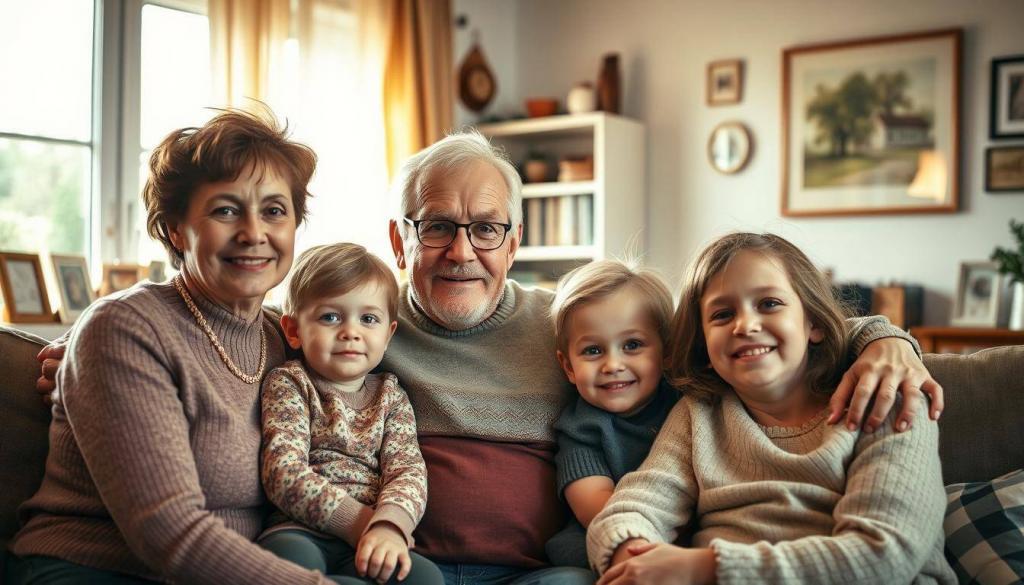 A warm, nostalgic family portrait of Hein Simons and his loved ones, captured in a cozy, inviting setting. The patriarch Hein, his wife, and their children gathered together, their faces exuding a sense of contentment and resilience. Soft, natural lighting filters through a window, casting a gentle glow on the scene. The background features a tastefully decorated living room, with hints of personal mementos and family heirlooms that speak to their shared history. An air of quiet contemplation and hope for the future permeates the image, reflecting the title "Heintjes Blick in die Zukunft".