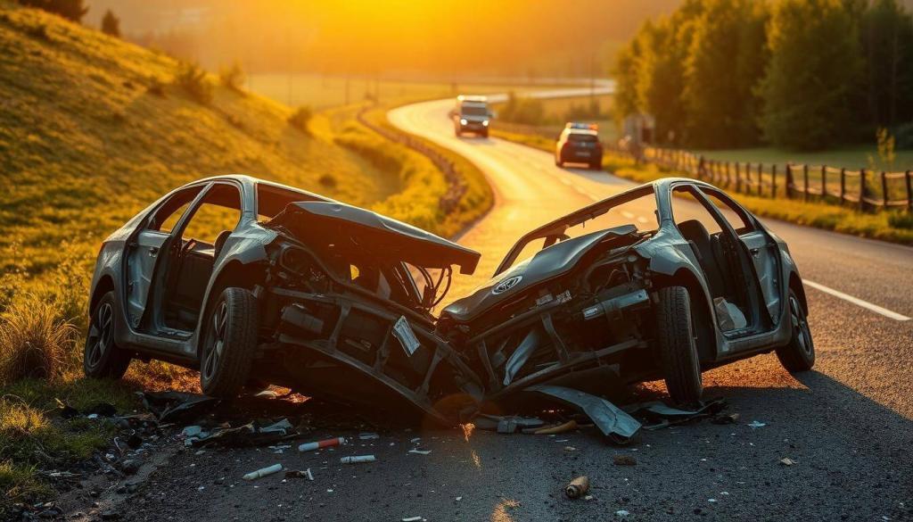 A winding country road cutting through a lush, verdant landscape, the sun's golden rays casting a warm glow over the scene. In the foreground, the twisted, crumpled remains of two vehicles, their metal frames entangled, a stark contrast to the serene surroundings. Shards of glass and debris litter the ground, a somber reminder of the impact. The image captures the aftermath of a tragic collision, the stillness punctuated by the faint whir of emergency vehicles in the distance, their flashing lights cutting through the haze. A poignant and sobering depiction of the "Haltern am See Unfall Auto" incident, conveying the gravity of the situation with a sense of quiet contemplation.