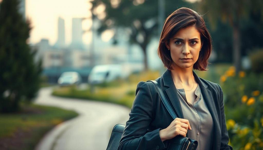 A woman standing at a crossroads, her face reflecting a mix of determination and uncertainty. In the foreground, she clutches a briefcase, symbolizing her career aspirations. In the middle ground, a serene garden path winds its way, hinting at the possibility of rest and recovery. The background is a blurred cityscape, a reminder of the demands of modern life. Soft, warm lighting illuminates the scene, creating a contemplative atmosphere. The woman's posture and expression convey the delicate balance she navigates between the pursuit of professional success and the need for personal healing.