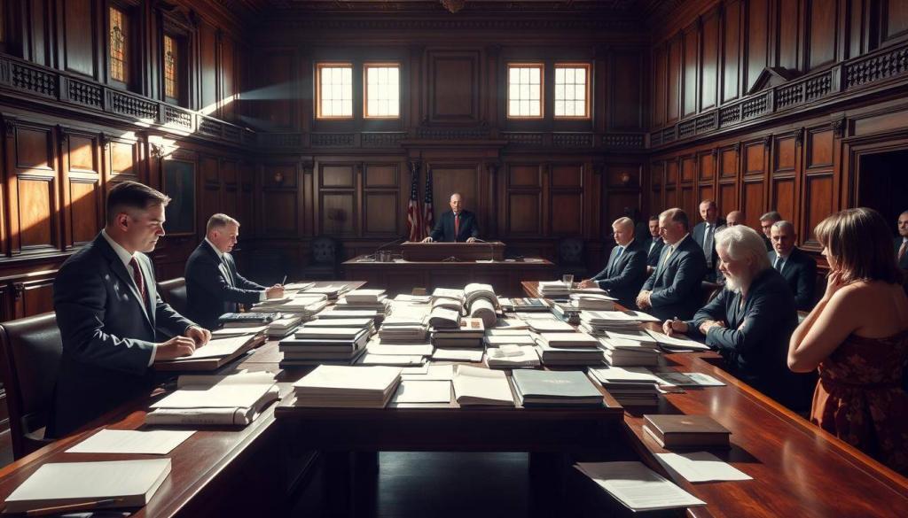 A wood-paneled courtroom, the air thick with tension. In the center, a table laden with evidence - documents, photographs, and other trial exhibits. Sunlight streams through high windows, casting dramatic shadows across the scene. Lawyers stand at podiums, making impassioned arguments, their faces etched with determination. The judge, robed in solemn authority, observes the proceedings with a measured gaze. The jury, a panel of focused individuals, leans forward, absorbing every detail. This is the "verleumdung prozess beweise" - a visual representation of the high-stakes battle between accusation and defense, where the truth hangs in the balance.