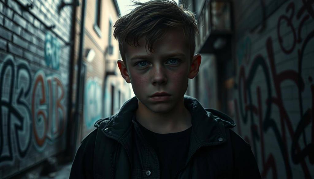 A young GZUZ, raised in the gritty streets of Hamburg's Barmbek district, navigates a world of petty crime and gang activity. Dimly lit alleyways, graffiti-covered walls, and the shadows of abandoned buildings set the atmospheric backdrop. The boy's weathered expression conveys a hardened resilience, hinting at the challenges that have shaped his early life. Cinematic lighting casts dramatic shadows, emphasizing the somber, introspective mood. The camera captures the scene with a medium shot, allowing the viewer to immerse themselves in the boy's burgeoning journey towards a life of infamy.