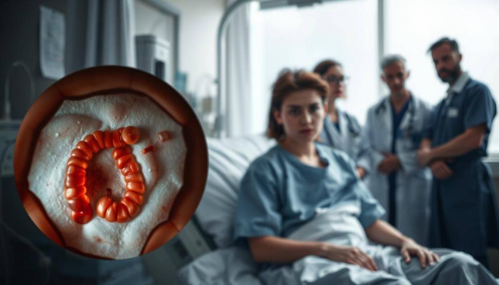 A young adult sitting on a hospital bed, their face etched with concern, surrounded by medical equipment. In the foreground, a detailed close-up of a colonoscopy image reveals the telltale signs of colorectal cancer. The middle ground showcases a team of healthcare professionals in consultation, their expressions somber. The background blurs into a hazy, sterile hospital environment, emphasizing the gravity of the situation. Soft, diffused lighting casts a melancholic tone, drawing attention to the pressing issue of colorectal cancer affecting younger individuals. Crisp, realistic details and a sense of tension convey the growing public health concern.