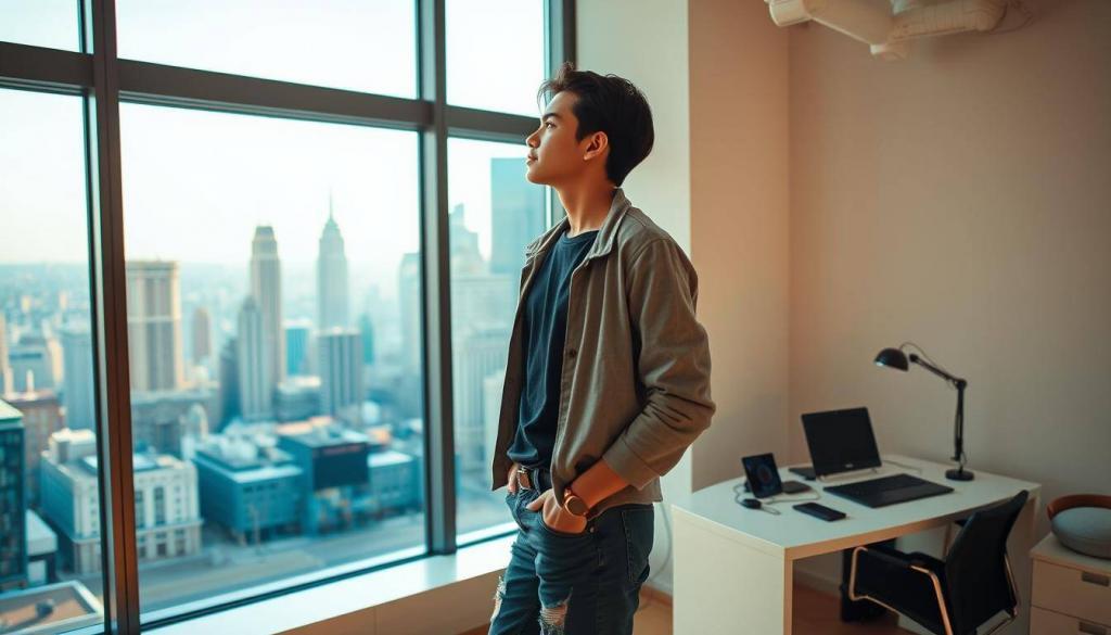 A young, ambitious influencer stands in a well-lit, modern loft studio, gazing thoughtfully out a large window overlooking a bustling city skyline. Clad in a stylish, casual outfit, they exude a sense of contemplation, pondering their next steps beyond the confines of their online fame. The scene is bathed in warm, natural lighting, creating a sense of introspection and the promise of new opportunities. In the background, a sleek, minimalist desk and various tech accessories suggest a workspace in transition, hinting at the influencer's plans to transition into a new phase of their career.