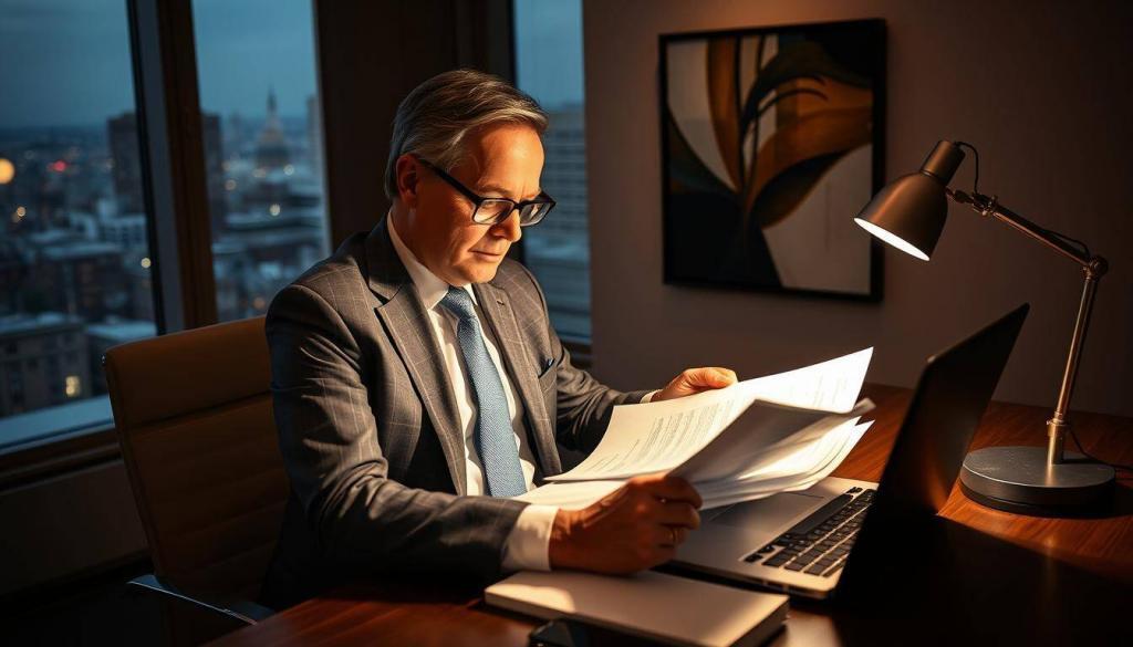 An affluent businessman sits at his desk, poring over financial documents and ledgers. Friedrich Merz, wearing a crisp suit and tie, is surrounded by the trappings of corporate power - a sleek laptop, a sophisticated desk lamp, and a tasteful abstract painting on the wall. The lighting is warm and subdued, creating a contemplative atmosphere. Through the large window behind him, we catch a glimpse of a bustling city skyline, hinting at Merz's influential role in Germany's private sector. The composition suggests a man deeply immersed in the details of his various board memberships and advisory roles, shaping the fortunes of major companies.