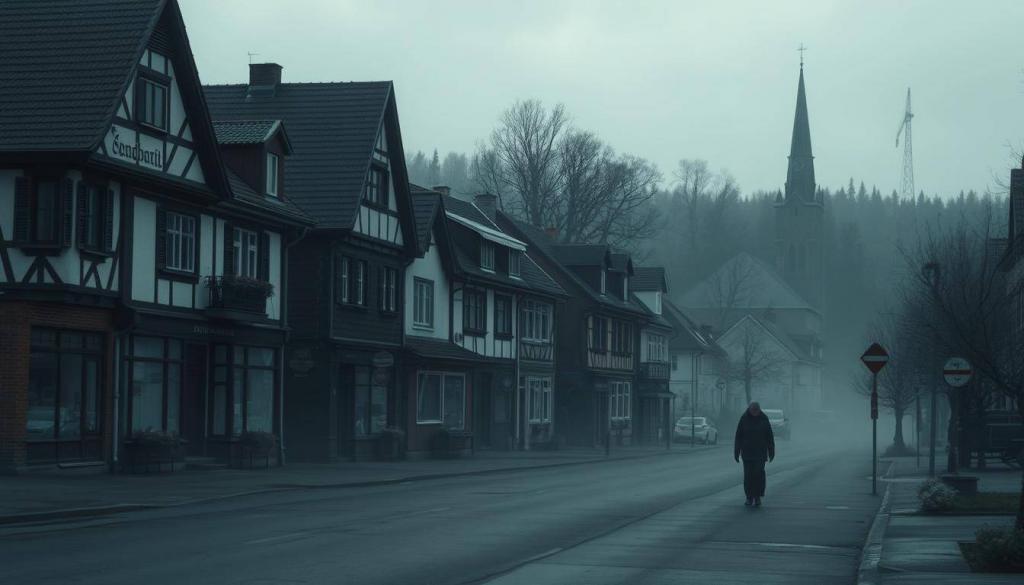 An eerie, somber atmosphere settles over the community of Bad Sooden-Allendorf, its normally vibrant streets now shrouded in a melancholic stillness. In the distance, a lone church spire stands as a silent witness, its shadow stretching across the somber landscape. The buildings, once bustling with life, now seem to carry the weight of a collective grief, their facades casting a pall over the scene. A lone figure, head bowed, walks the quiet sidewalks, a poignant reminder of the profound impact this tragedy has had on the lives of the townspeople. The scene is bathed in a muted, overcast light, conveying a sense of sorrow and introspection that permeates the very fabric of this community.