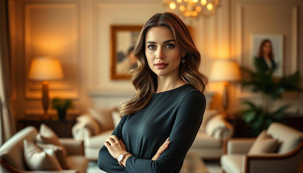 An elegant and poised young woman, Sophie Imelmann, stands confidently in a well-appointed room, bathed in soft, warm lighting. Her gaze is direct and her expression conveys a sense of authority and influence. The background features tasteful, high-end furnishings, suggesting an affluent and stylish lifestyle. The composition emphasizes Sophie's central role as a prominent influencer, with the room's décor and ambiance subtly complementing her confident, sophisticated presence. The overall mood is one of refined elegance and understated power, capturing Sophie's status as a successful and influential individual.
