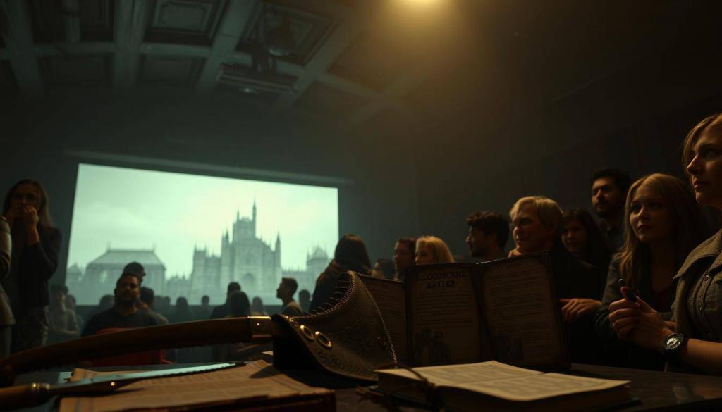 Anticipation swirls in a dimly lit room, as fans eagerly gather, their expressions a tapestry of hope and excitement. In the foreground, a collection of Bloodborne-inspired memorabilia - a hunter's garb, a replica of the Saw Cleaver, and a tattered journal filled with fan theories. The middle ground showcases a large projection screen, casting an eerie glow that bathes the scene in an atmospheric, sepia-toned light. In the background, a hazy silhouette of a massive, imposing castle - a hint of the dark, gothic world that has captured the imagination of so many. The overall mood is one of eager anticipation, a palpable sense of longing for the return to the haunting and unforgiving realm of Bloodborne.