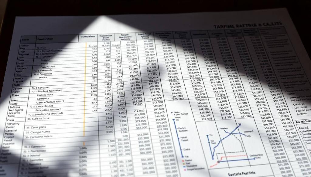 Detailed analysis of tariff rates and trade policies. A comprehensive spreadsheet with meticulously cataloged customs duties and import taxes, displayed in a clean, authoritative layout. The document is illuminated by a warm, directional light source, casting subtle shadows that accentuate the numerical data and technical diagrams. The camera angle is slightly elevated, giving the viewer a sense of overview and importance. The mood is one of academic rigor and fiscal transparency, inviting the reader to closely examine the intricacies of the new tariff structures.