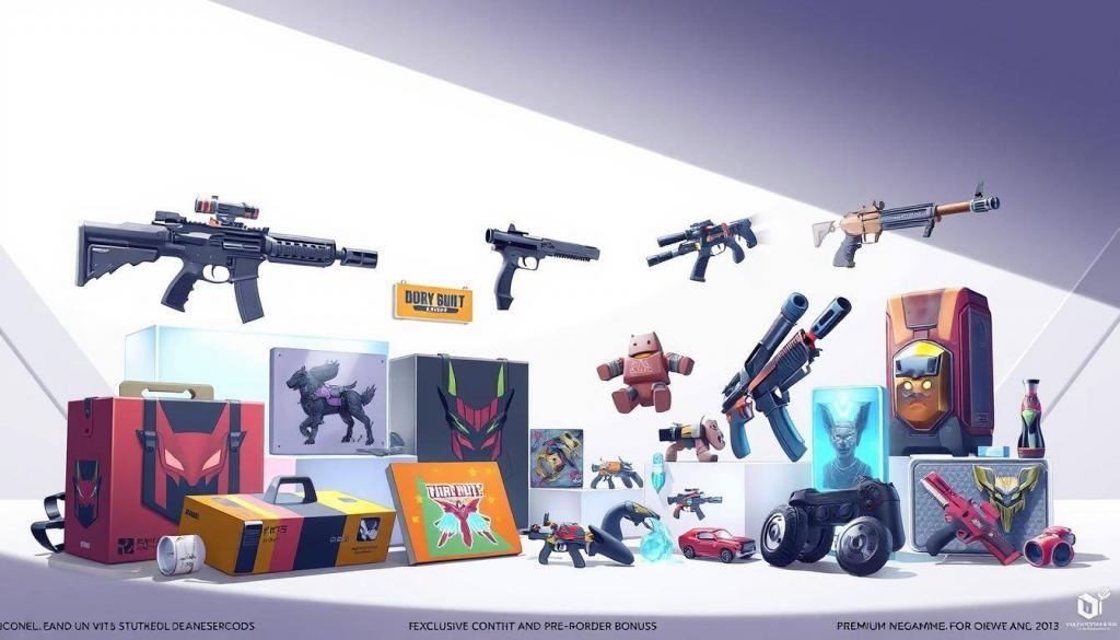 Detailed digital illustration of exclusive in-game content and preorder bonus for a video game. Prominent display of various digital items and collectibles such as unique weapons, skins, and gameplay boosts. Set against a sleek, minimalist background with subtle gradients and geometric patterns. Lighting is soft and directional, creating depth and emphasizing the premium quality of the items. Camera angle is slightly low, conveying a sense of high-end presentation. Overall, the image exudes a sense of excitement and anticipation for the special preorder perks.