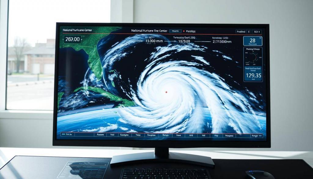 Detailed satellite imagery of a national hurricane center forecast model, displayed on a high-resolution monitor. The model shows the predicted path, intensity, and wind speeds of a powerful hurricane system, rendered in a clean, data-driven visualization style. The screen is framed by a sleek, modern dashboard interface, with intuitive controls and overlays providing additional meteorological insights. Bright, natural lighting illuminates the scene, casting subtle shadows and highlights that accentuate the complex data visualizations. The overall tone is one of focused professionalism, conveying the gravity and importance of the hurricane tracking and forecasting process.
