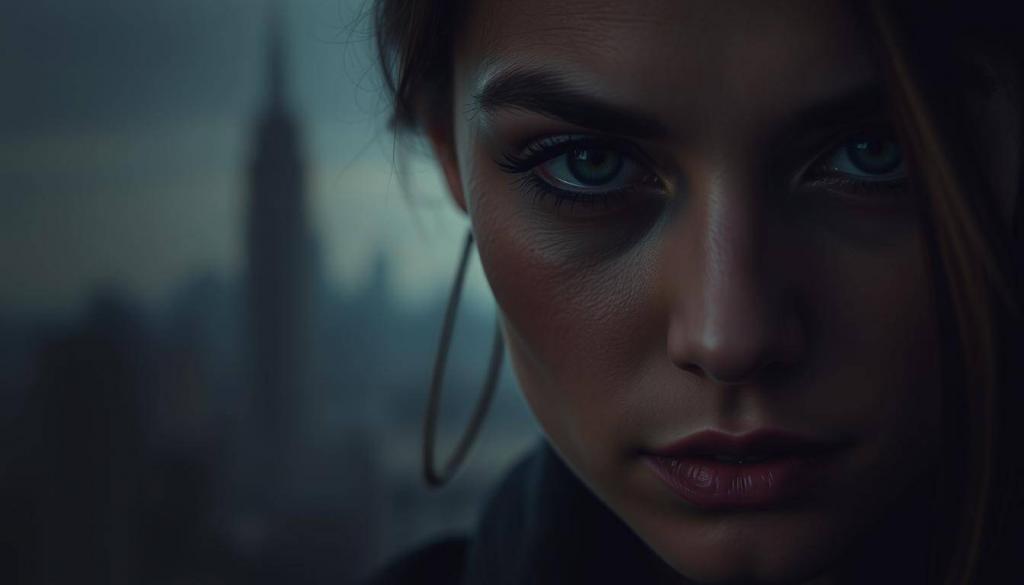 Dramatic close-up of a young woman with a pensive expression, her face partially obscured by shadows. Soft, moody lighting illuminates her delicate features, creating an air of introspection and vulnerability. The background is a muted, blurred cityscape, hinting at the challenges and pressures of the public eye. Subtle details like smudged makeup and a pensive gaze suggest a story of personal turmoil and a journey towards a comeback. Capture the complexity of emotions, the weight of scrutiny, and the resilience of the human spirit.