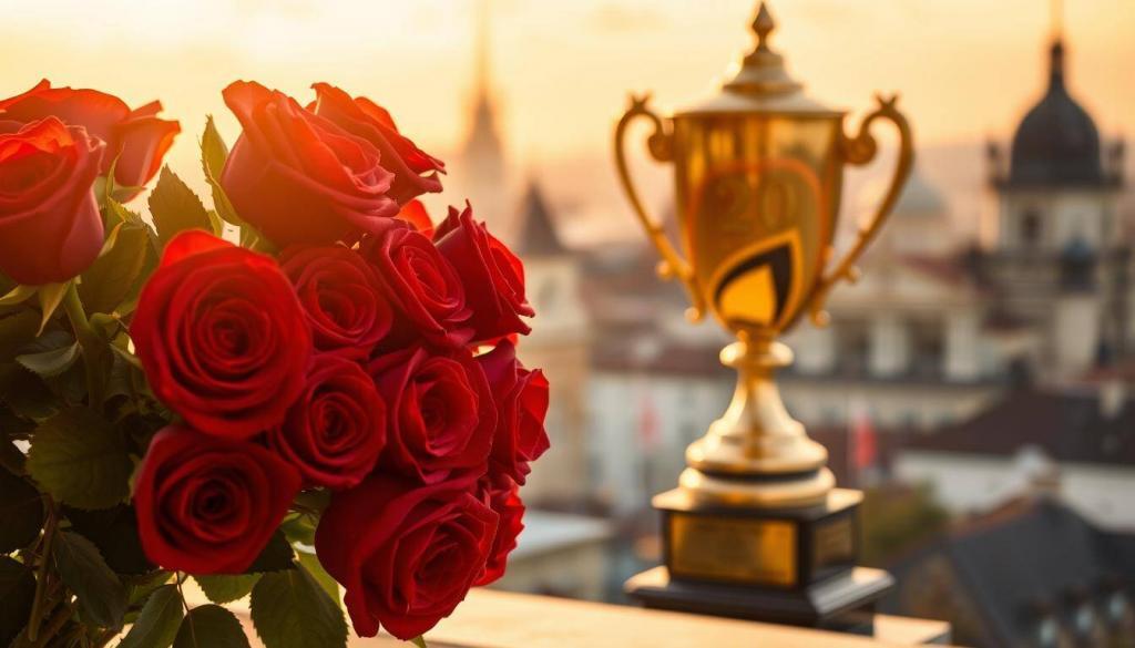 Elegant and captivating scene depicting the 20-year anniversary of the beloved German television series "Sturm der Liebe". In the foreground, a lush bouquet of crimson roses symbolizes the passion and drama that has captivated audiences for two decades. The middle ground showcases a gleaming golden trophy, a testament to the show's remarkable success and international acclaim. In the background, a softly blurred cityscape with iconic German architectural elements, hinting at the series' enduring cultural impact. Warm, golden lighting casts a celebratory glow, complemented by a shallow depth of field that draws the viewer's eye to the central narrative. The overall composition conveys a sense of pride, accomplishment, and the enduring legacy of this beloved television phenomenon.