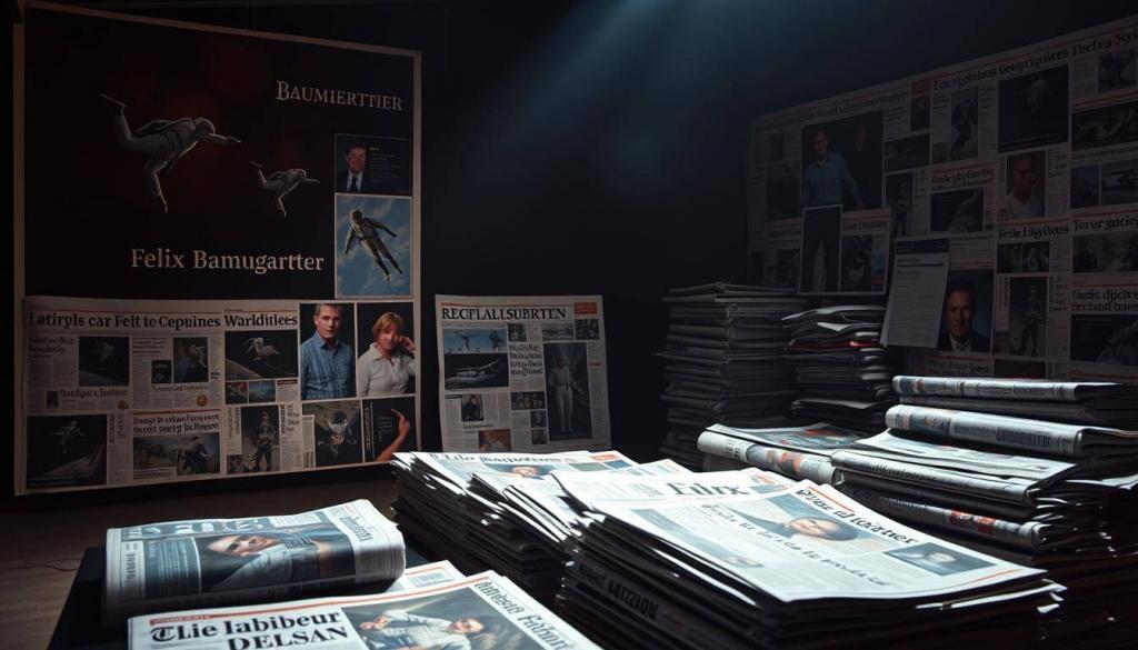 Medienberichte über Felix Baumgartner: A somber scene of newspaper headlines and news articles covering the life and tragic passing of the renowned Austrian daredevil. The foreground features a collage of vivid, high-contrast images showcasing Baumgartner's record-breaking skydives, set against a dimly lit backdrop of a studio environment. Soft, diffused lighting casts long shadows, evoking a sense of contemplation and reflection. The middle ground is occupied by stacks of newspapers and magazines, their headlines and cover stories capturing the public's fascination and speculation surrounding Baumgartner's legacy and personal fortune. The overall mood is one of reverence and solemn introspection, mirroring the article's exploration of the aftermath of this iconic figure's passing.