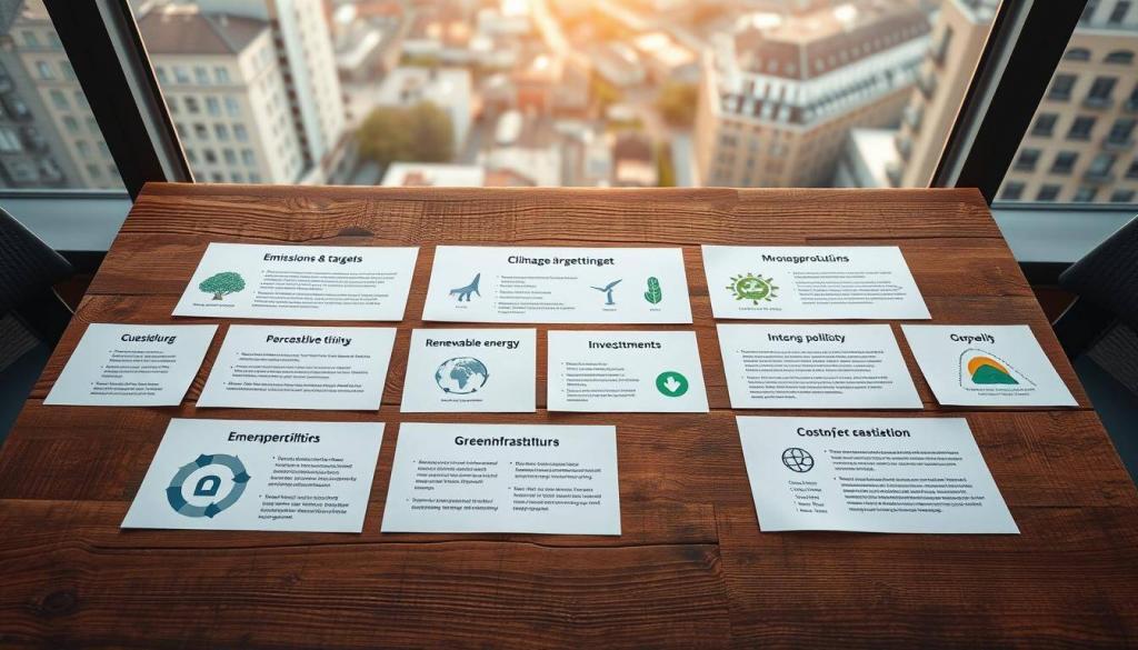 Politische Positionen Klimaschutzmaßnahmen: A crisp, high-contrast overhead view of a table displaying various policy positions and initiatives related to climate protection. The table's surface is made of weathered wood, lending an earthy, rustic tone. On the table, icons, diagrams, and concise text convey information about emissions reduction targets, renewable energy investments, green infrastructure projects, and other environmental policies. The background is a soft, blurred cityscape, hinting at the real-world urban setting where these political discussions take place. Warm, directional lighting illuminates the table, creating depth and emphasis. The overall mood is one of seriousness and pragmatism, reflecting the importance of the subject matter.