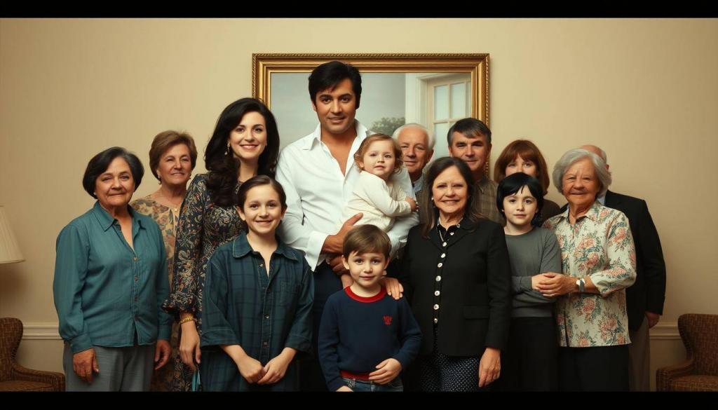 Presley Descendants Family A multi-generational portrait capturing the Presley family lineage. In the foreground, Elvis and Priscilla stand proudly, surrounded by their daughter Lisa Marie and her children, all exuding a sense of legacy and kinship. The middle ground features the extended Presley clan - aunts, uncles, and cousins - gathered intimately, their expressions conveying a warm, close-knit dynamic. The background is a softly lit, timeless setting, evoking the graceful, enduring spirit of the Presley dynasty. Captured with a cinematic, medium-format aesthetic, the image radiates a timeless, stately elegance befitting the renowned family.