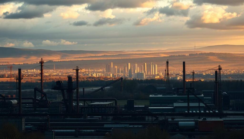 Prompt A detailed landscape depicting the economic impact on Germany, showcased through a panoramic view. In the foreground, industrial machinery and factories stand idle, symbolizing the slowdown in production. The middle ground features a bustling city skyline, with skyscrapers and office buildings casting long shadows as the economy stagnates. In the background, rolling hills and a cloudy sky set an ominous tone, hinting at the broader challenges faced by the German economy. The scene is illuminated by a warm, golden light, creating a sense of melancholy and unease. The overall composition conveys the gravity of the economic situation, inviting the viewer to ponder the rippling effects on Germany's industrial heartland.