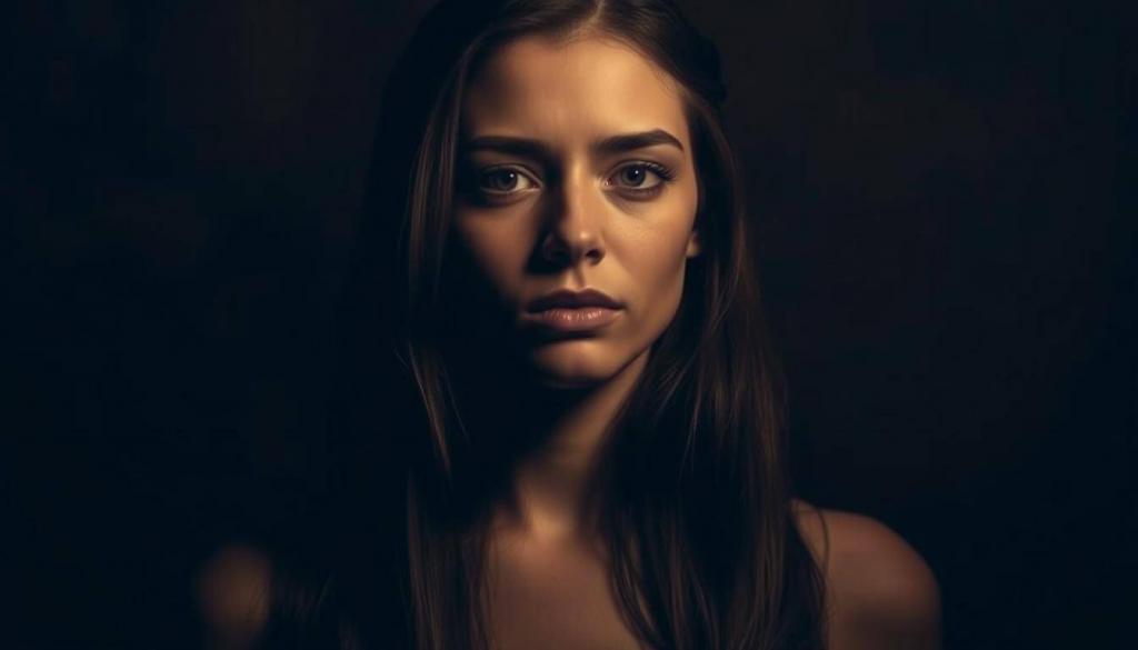Prompt A young woman, her face partially obscured, stands in a dimly lit, atmospheric setting. Soft lighting illuminates her features, casting dramatic shadows that conceal her identity. The background is hazy, suggesting a sense of mystery and hidden secrets. Her expression is pensive, reflecting a complex emotional state. The composition is carefully balanced, with the subject centered and framed in a way that evokes a sense of introspection and the weight of a profound personal history. The overall mood is one of quiet contemplation, inviting the viewer to ponder the untold story of Freddie Mercury's anonymous daughter.
