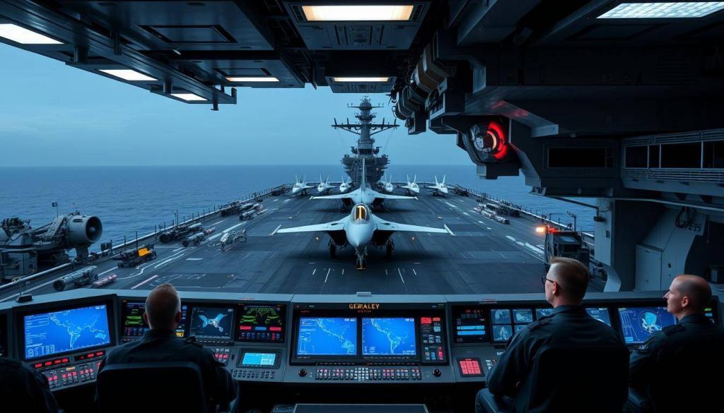 Technologically advanced flight deck of the mighty Gerald Ford aircraft carrier, featuring state-of-the-art avionics, radar arrays, and launch systems. Sleek, angular surfaces reflect the glow of overhead floodlights, creating a bold, high-tech aesthetic. In the foreground, a group of sailors carefully monitor the intricate control panels, their expressions focused and determined. The background reveals the vast expanse of the carrier's deck, with a squadron of fighter jets poised for takeoff. The overall scene conveys a sense of power, precision, and unwavering readiness to fulfill the vessel's technological and operational superiority.