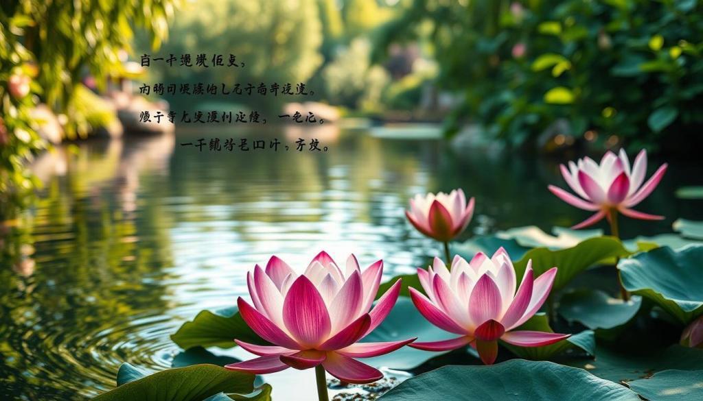 Tranquil garden setting, a serene pond with rippling water reflecting the sky. Vibrant lotus flowers in bloom, their petals unfurling in a meditative display. Soft, diffused natural lighting filters through lush, verdant foliage. Delicate calligraphic Karma quotes hover above the scene, their elegant brush strokes conveying a sense of mindfulness and inner peace. The overall atmosphere is one of contemplation, harmony, and the eternal cycle of life. A harmonious blend of natural elements and thoughtful philosophical insights, inviting the viewer to pause and reflect.