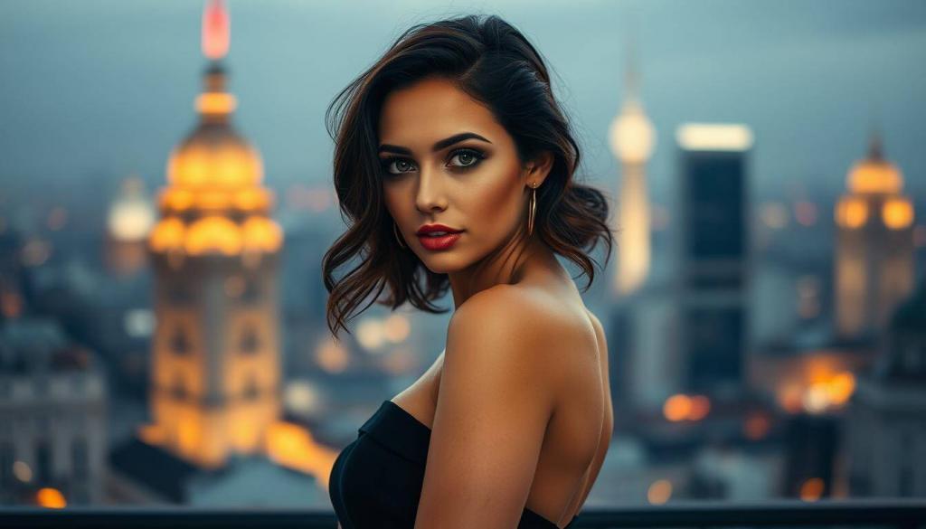 Vivacious Viviane, the captivating bachelorette, stands center stage, her alluring gaze drawing the viewer in. The soft, warm lighting accentuates her delicate features, casting a romantic hue over the scene. In the background, a blurred cityscape of Kapstadt serves as a sophisticated backdrop, hinting at the glamour and excitement of her life. Viviane's figure is elegantly posed, suggesting a moment of pensive contemplation, as if she is reflecting on the emotions and complexities of her recent experiences. The overall atmosphere is one of elegance, intrigue, and the tantalizing promise of a dramatic love story unfolding.