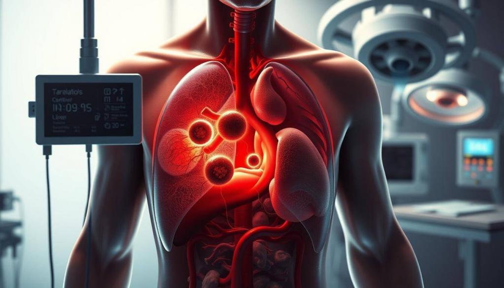 a detailed, photorealistic medical illustration of metastatic cancer treatment, showing a cross-section of the human body with cancerous tumors and lymph nodes, surrounded by medical equipment and procedures like chemotherapy infusion, radiation therapy, and surgical intervention. the scene is lit by a soft, directional light from the left, creating dramatic shadows and highlights that accentuate the three-dimensional forms. the composition is balanced and the focus is sharp, with a depth of field that gradually blurs the background. the overall mood is one of clinical precision and scientific understanding, conveying the seriousness and complexity of metastatic cancer treatment.