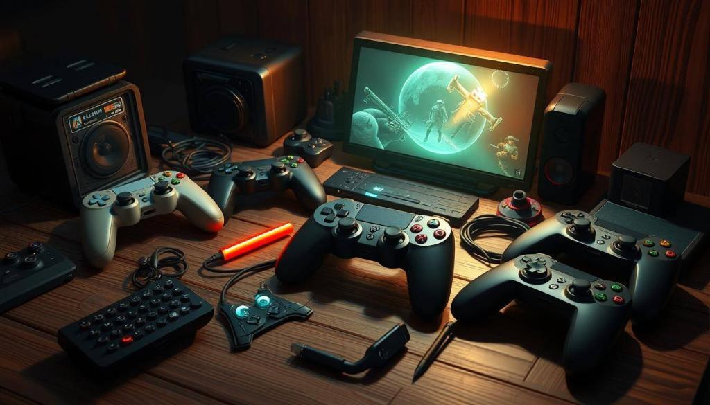 a highly detailed, hyper-realistic digital illustration of a collection of game controllers, joysticks, and gaming accessories arranged on a wooden table, with a glowing, ethereal effect and a warm, inviting lighting setup, creating a sense of mystery and intrigue around the "tips and tricks" for the video game Elden Ring Nightreign, the focus being on the gaming equipment and accessories rather than the game itself