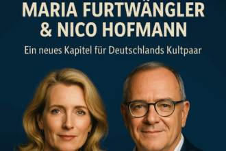 Maria Furtwängler und Nico Hofmann blicken gemeinsam in die Kamera vor tiefblauem Hintergrund. Titel: „Ein neues Kapitel für Deutschlands Kultpaar“