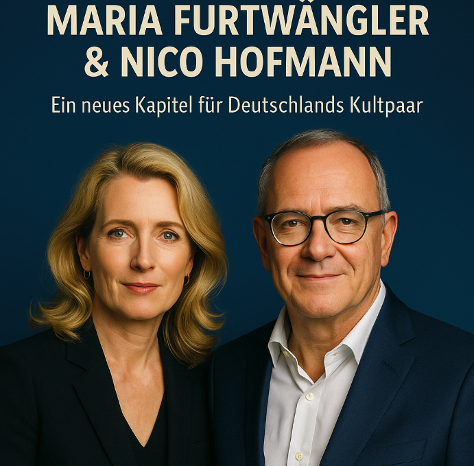 Maria Furtwängler und Nico Hofmann blicken gemeinsam in die Kamera vor tiefblauem Hintergrund. Titel: „Ein neues Kapitel für Deutschlands Kultpaar“