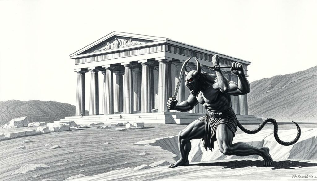 A Greek temple stands against a stark, monochromatic landscape, its columns and pediment casting dramatic shadows. In the foreground, the mythic figure of Theseus battles the Minotaur, their muscular forms locked in a dynamic struggle. Bursts of color highlight key elements - the gleam of Theseus' sword, the crimson of the Minotaur's eyes. The scene evokes the cultural significance of the Theseus myth, its timeless themes of heroism, sacrifice, and the triumph of humanity over monstrous forces. The overall effect is one of high-contrast, graphite-like rendering, with the chiaroscuro lighting accentuating the drama and power of the iconic narrative.