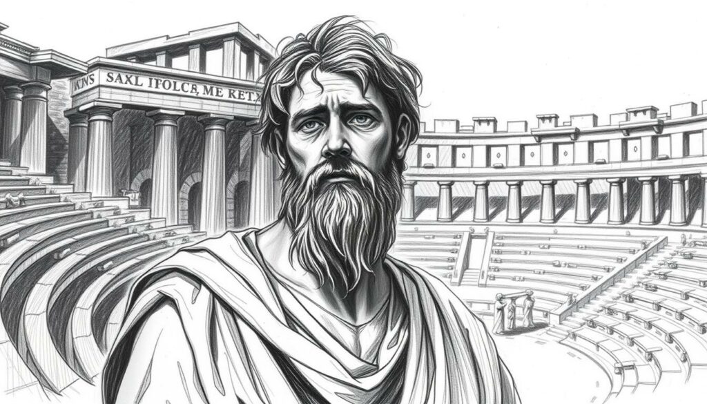 A black and white sketch of the tragic figure of Oedipus, the king of Thebes, standing solemnly amidst the backdrop of an ancient Greek amphitheater. His pensive gaze is accentuated by subtle touches of color, perhaps a piercing blue for his eyes or a hint of crimson for his royal robes. The composition highlights the weight of his destiny, the burden of his self-discovery, and the timeless power of Sophocles' renowned drama, "King Oedipus", which has captivated audiences for centuries. A black and white sketch of the tragic figure of Oedipus, the king of Thebes, standing solemnly amidst the backdrop of an ancient Greek amphitheater. His pensive gaze is accentuated by subtle touches of color, perhaps a piercing blue for his eyes or a hint of crimson for his royal robes. The composition highlights the weight of his destiny, the burden of his self-discovery, and the timeless power of Sophocles' renowned drama, "King Oedipus", which has captivated audiences for centuries.