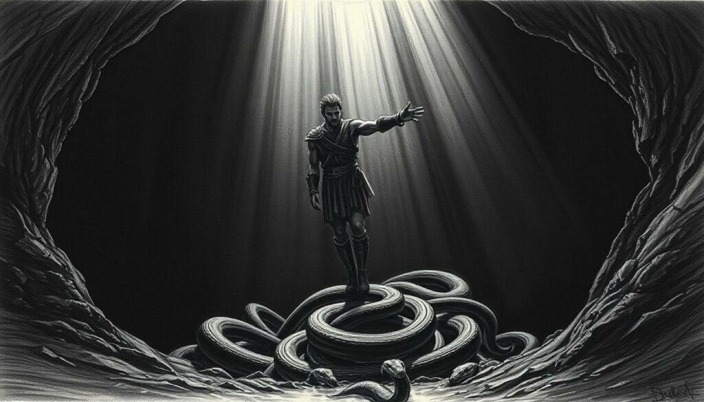 A bleak, shadowy pit, its walls slick with damp earth. A lone figure, Ragnar Lodbrok, king of the Vikings, stands resolute, surrounded by a coil of hissing serpents. Shafts of ominous light pierce the gloom, illuminating his grim determination as he faces his fate. The scene exudes a sense of foreboding and impending doom, the air thick with tension. Rendered in a stark, dramatic chiaroscuro, with subtle splashes of color accentuating the intensity of the moment, this image captures the essence of Ragnar's tragic demise in the legendary Serpent's Pit.